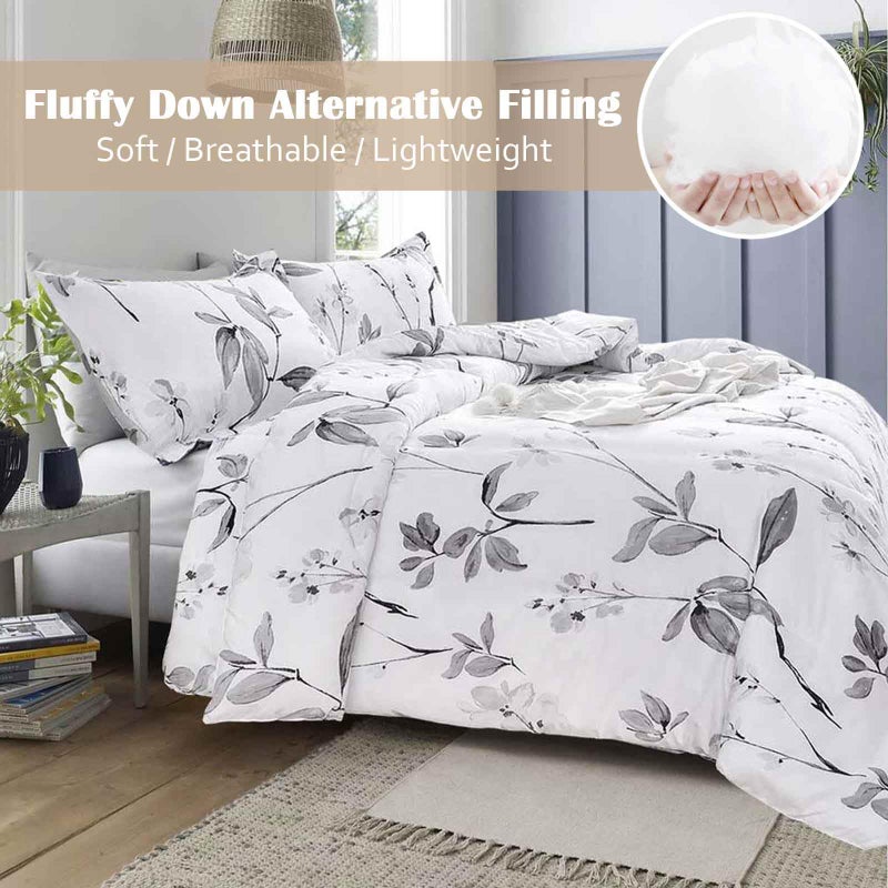 Nanko King Comforter Set 3pc,White and Gray/Grey Floral Reversible Down Alternative Microfiber Bedding - All Season Comforter and 2 Pillowshams Bed Sets for Women, 104 x 90 Size Flower - Image 1
